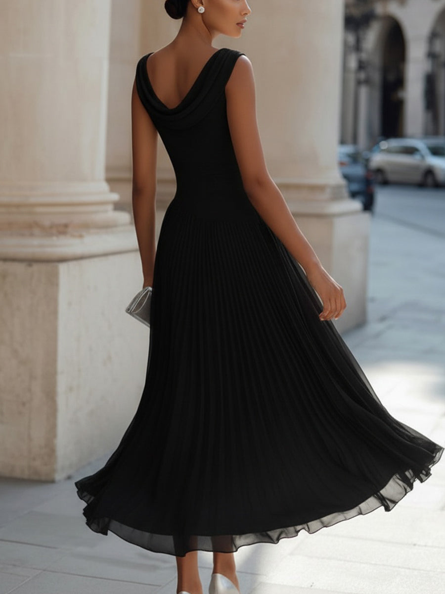 Robe midi col drapé plissée sans manches cérémonie