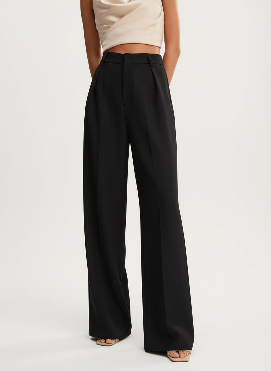 Pantalon large femme taille haute plis avant coupe fluide palazzo