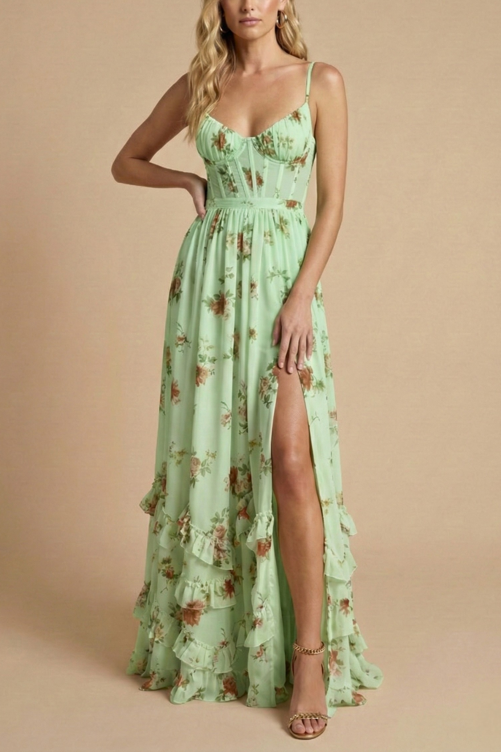 Robe longue fleurie femme fente avant bretelles fines col cœur coupe fluide