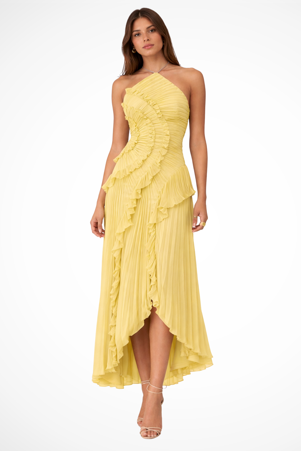 Robe longue femme col halter dos nu plissée asymétrique invitée mariage