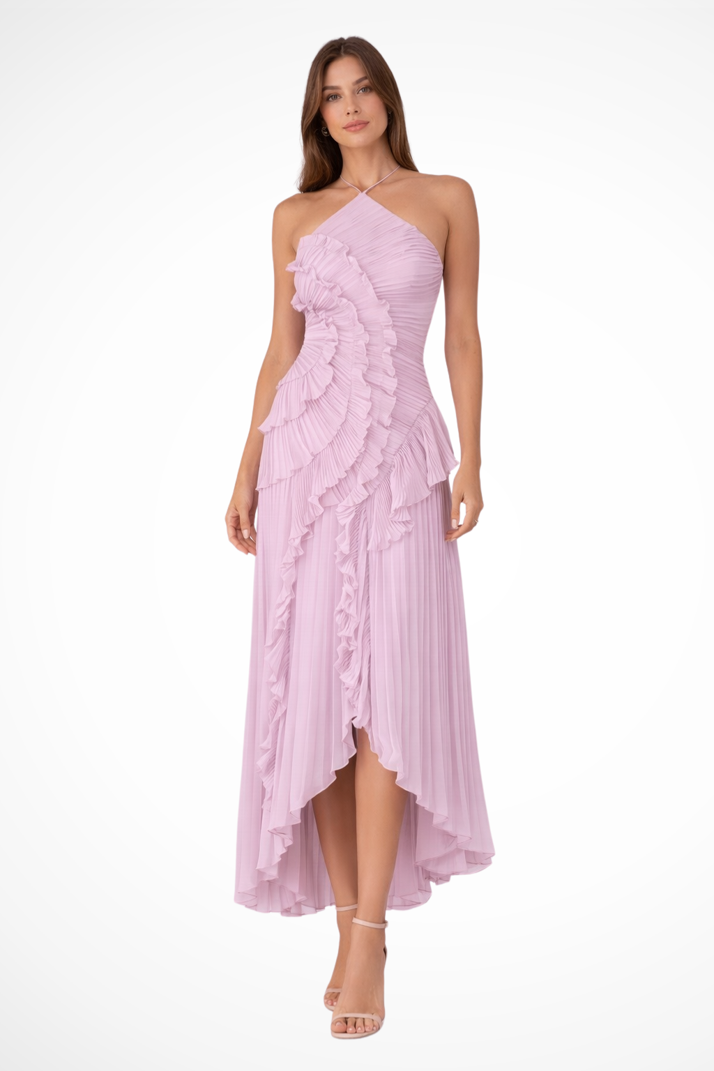 Robe longue femme col halter dos nu plissée asymétrique invitée mariage