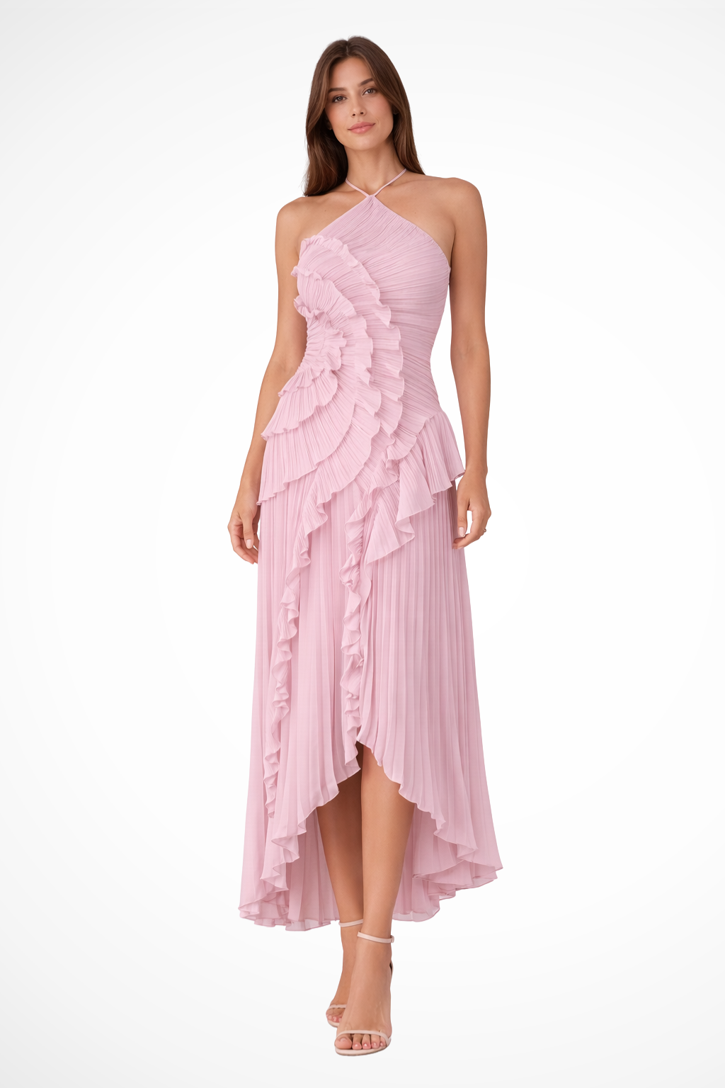 Robe longue femme col halter dos nu plissée asymétrique invitée mariage