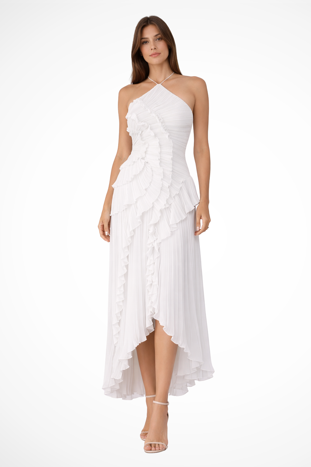 Robe longue femme col halter dos nu plissée asymétrique invitée mariage