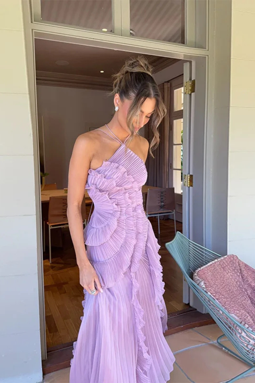 Robe longue femme col halter dos nu plissée asymétrique invitée mariage