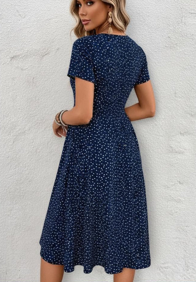 Robe midi femme col V imprimé pois manches courtes boutonnée devant