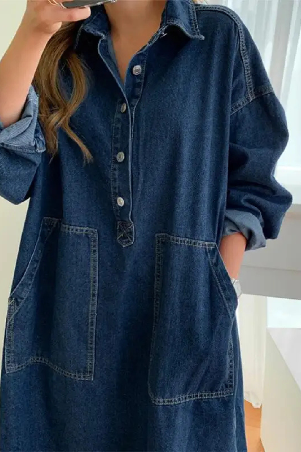 Robe en jean longue oversize col chemise manches longues
