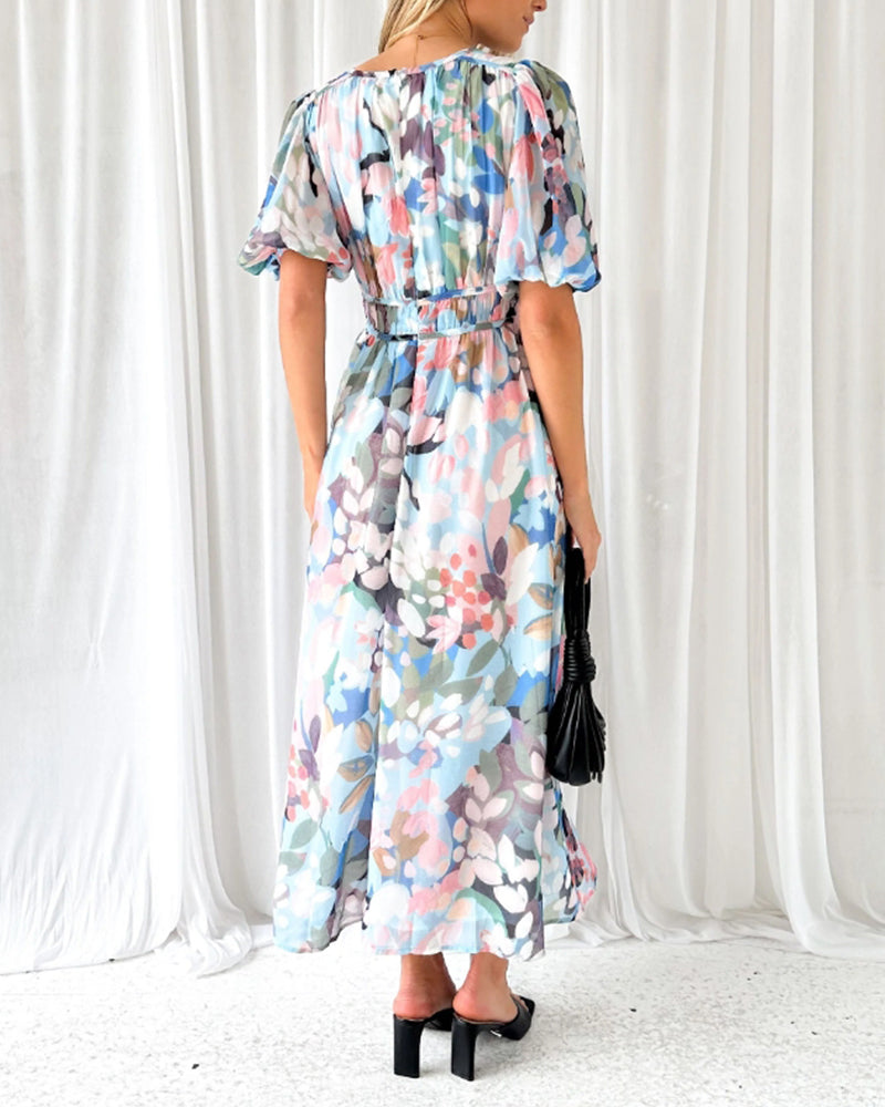 Robe bohème longue femme imprimé floral col V manches longues taille empire