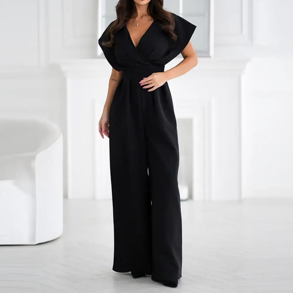 Combinaison pantalon femme col cache-cœur à jambes larges avec manches volantées