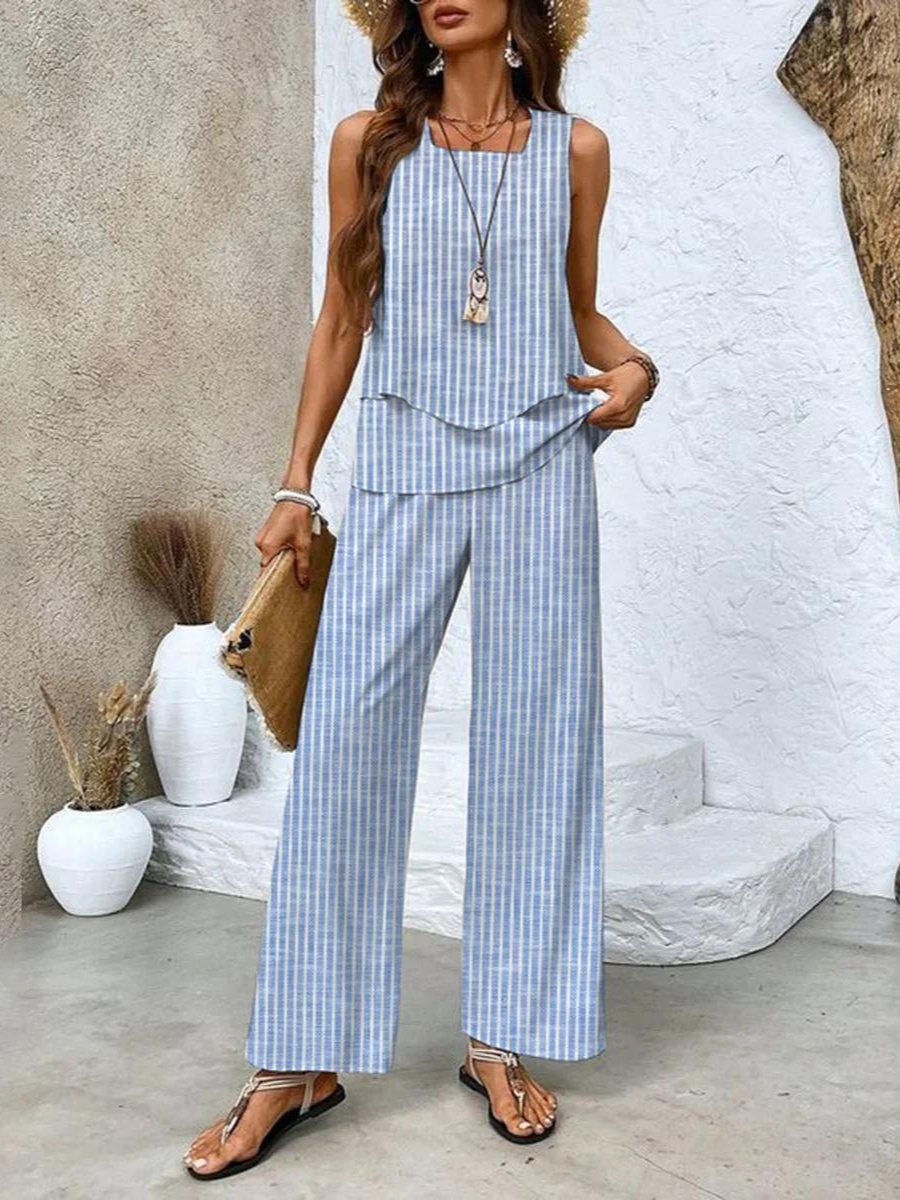 Ensemble femme haut sans manches et pantalon large imprimé fluide