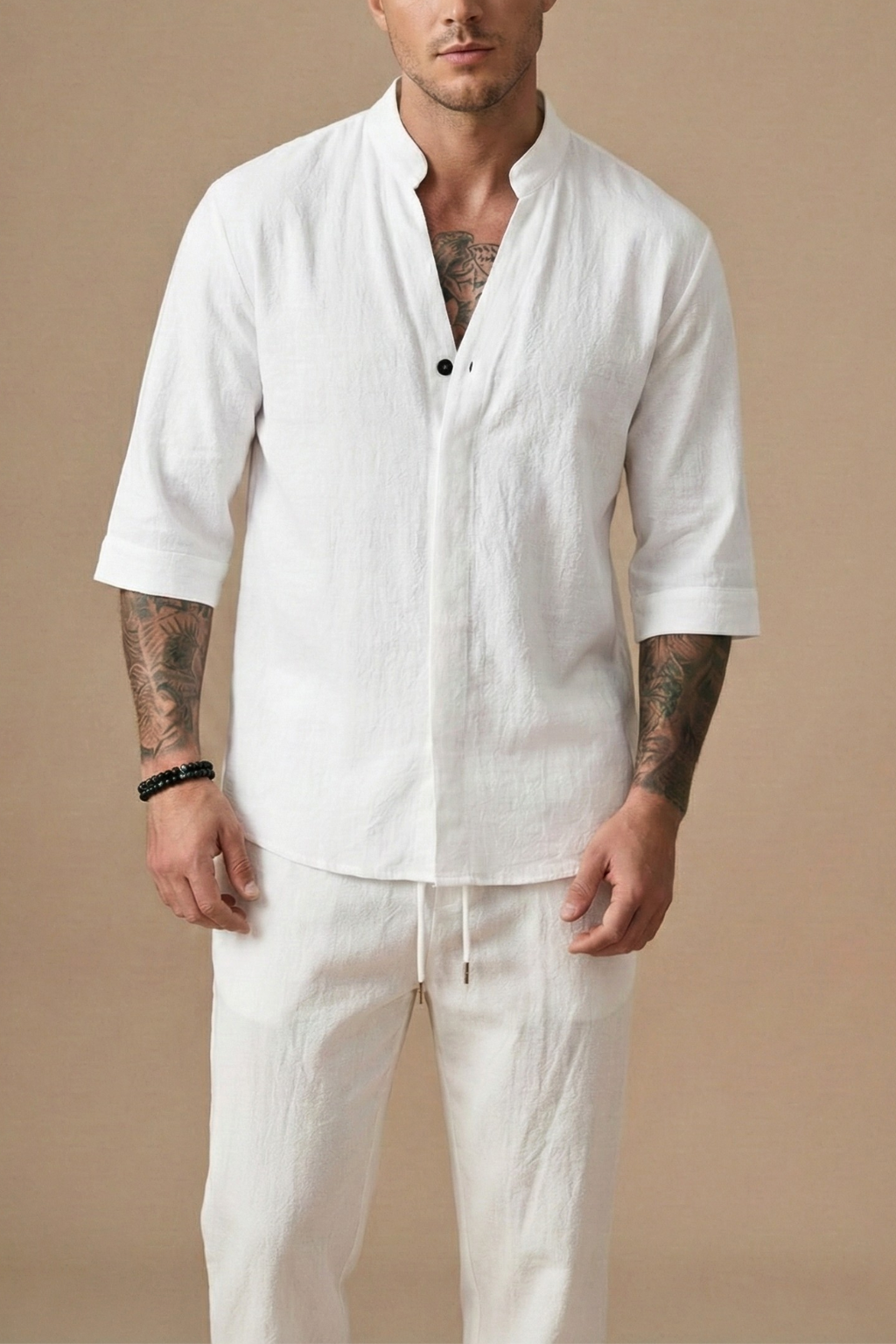 Ensemble homme lin chemise manches courtes col mao pantalon à cordon décontracté