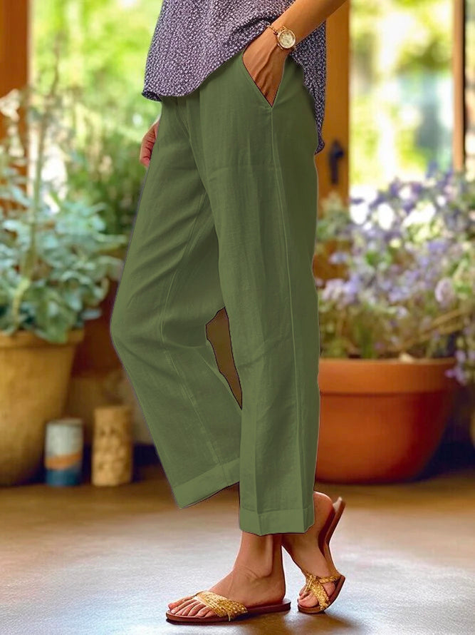 Pantalon femme en lin coupe droite taille élastique poches latérales fluide