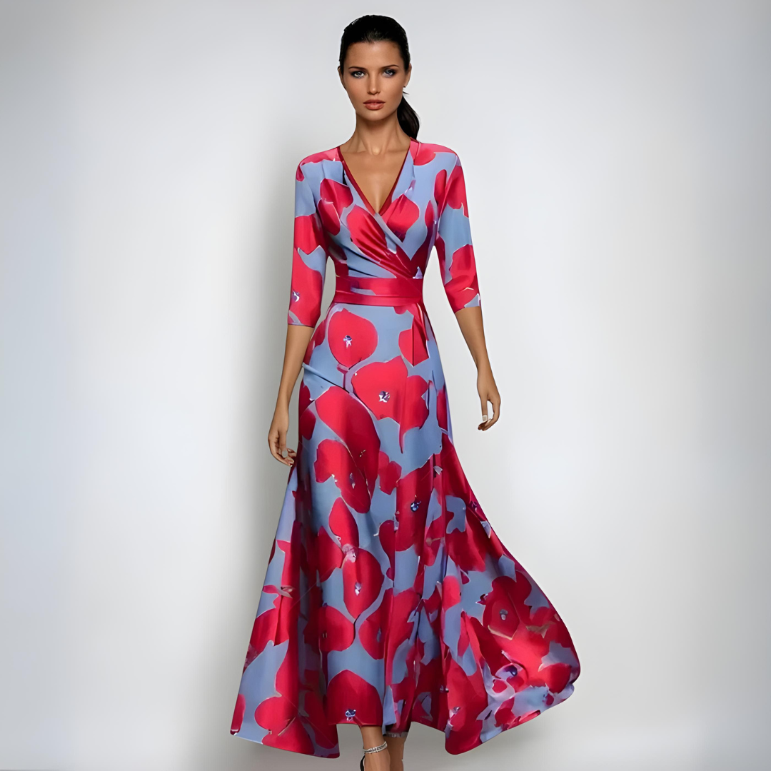 Robe longue portefeuille femme imprimé floral col V manches 3/4 été