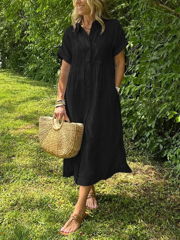 Robe chemise femme rayée midi manches courtes boutonnée coupe ample avec poches