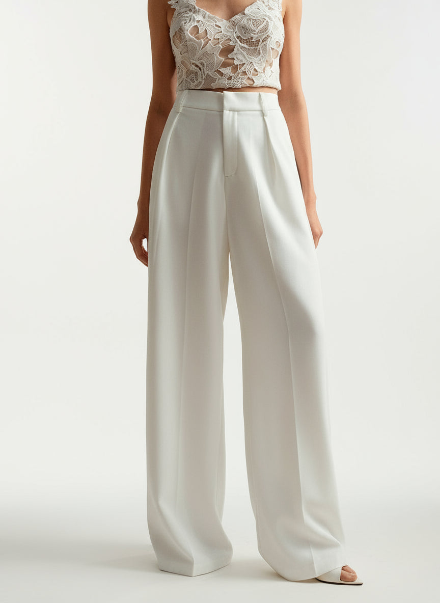 Pantalon large femme taille haute plis avant coupe fluide palazzo