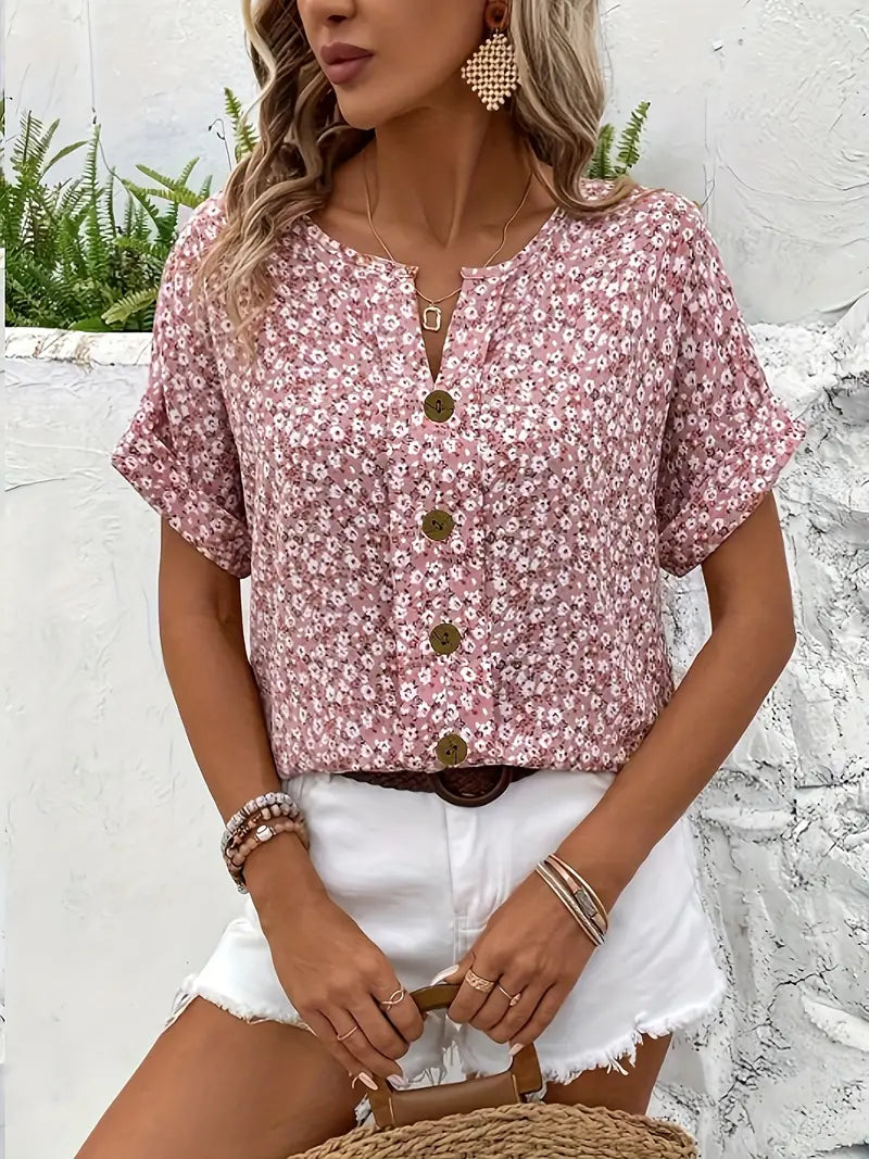 Chemisier femme fleuri boutonné manches courtes col rond ample bohème été