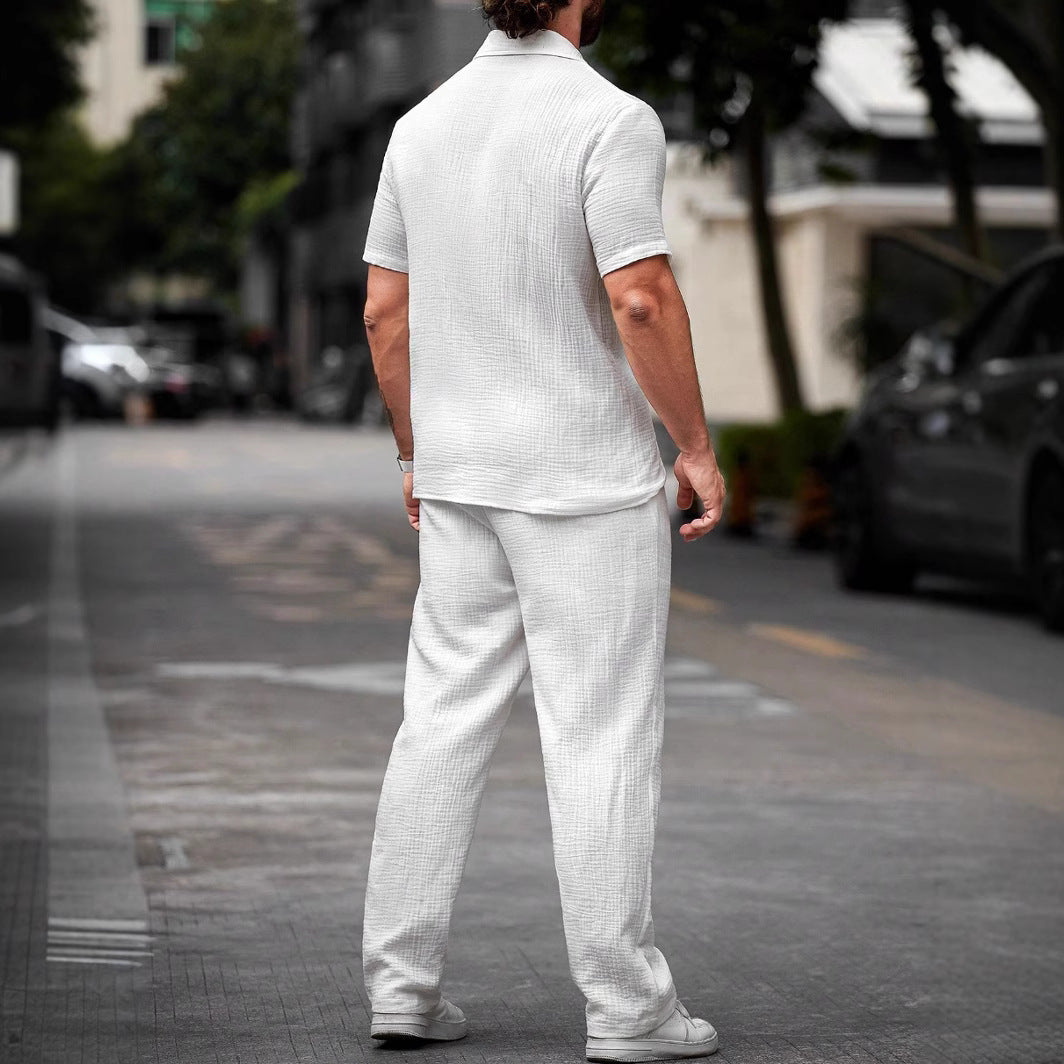 Ensemble homme chemise manches courtes et pantalon droit style été décontracté
