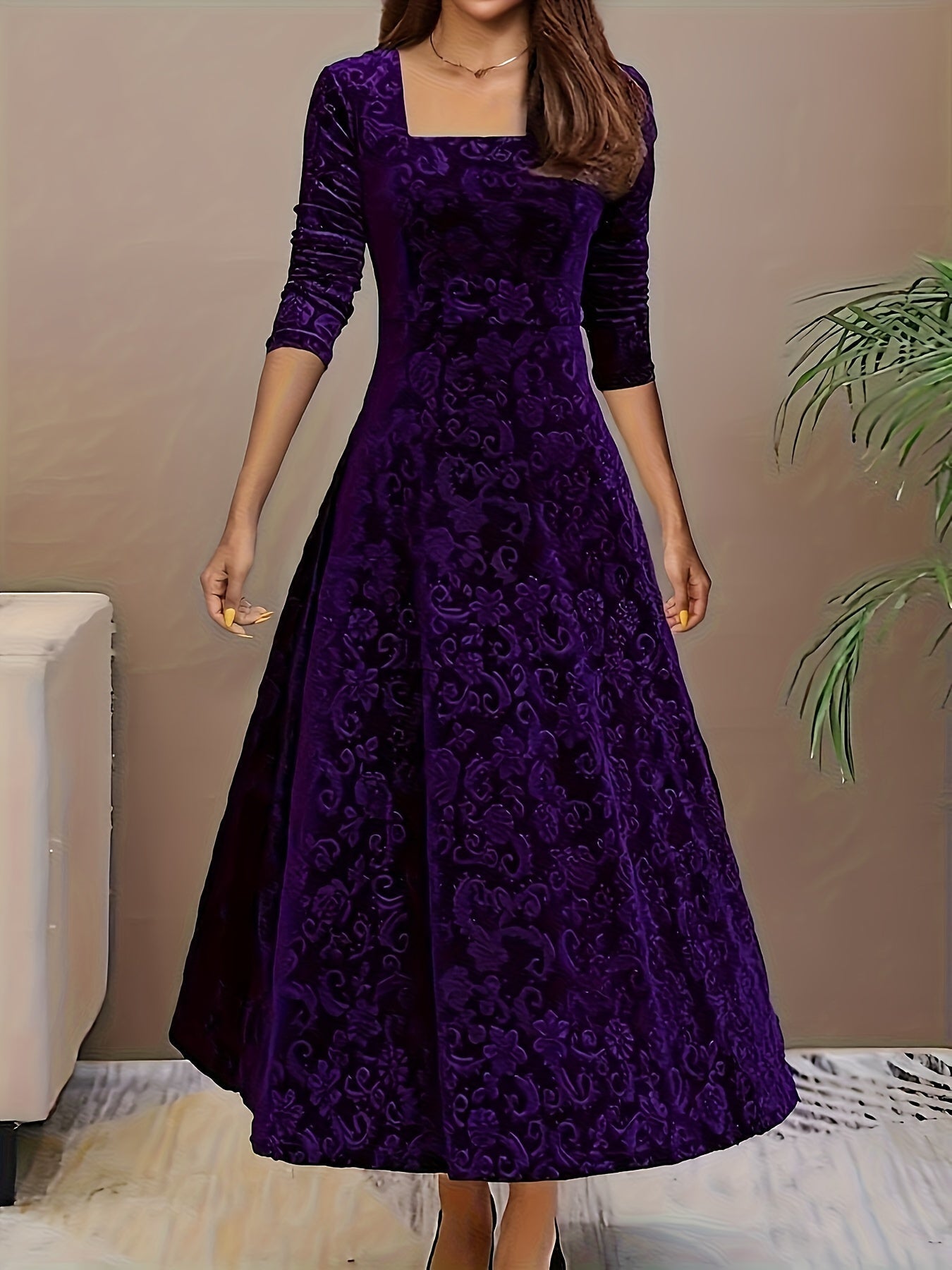 Robe midi femme col carré manches longues coupe évasée élégante