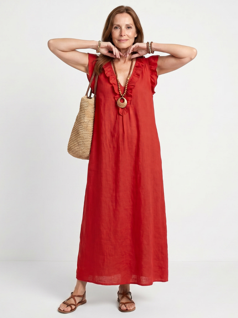 Robe longue femme en lin col V à volants sans manches coupe ample avec poches