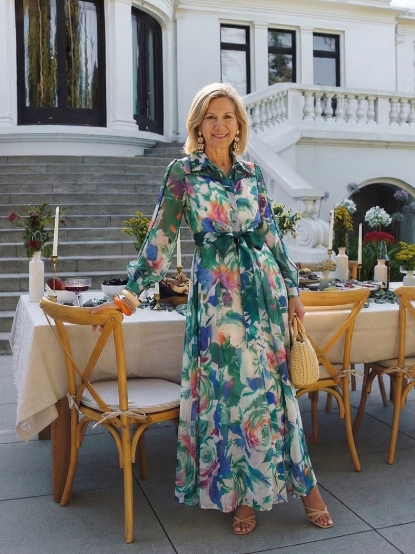 Robe longue femme imprimé floral col chemise manches longues ceinturée fluide chiffon
