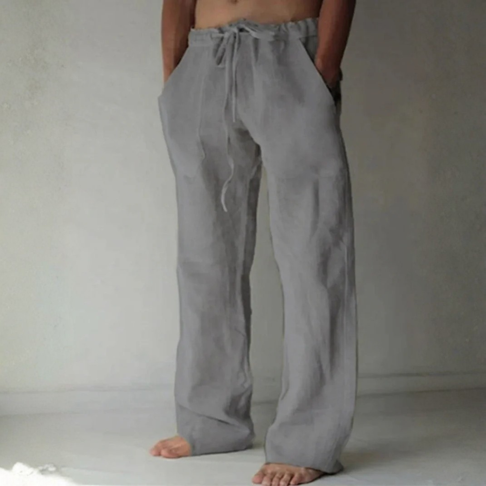 Pantalon large homme en lin à taille élastique avec cordon de serrage