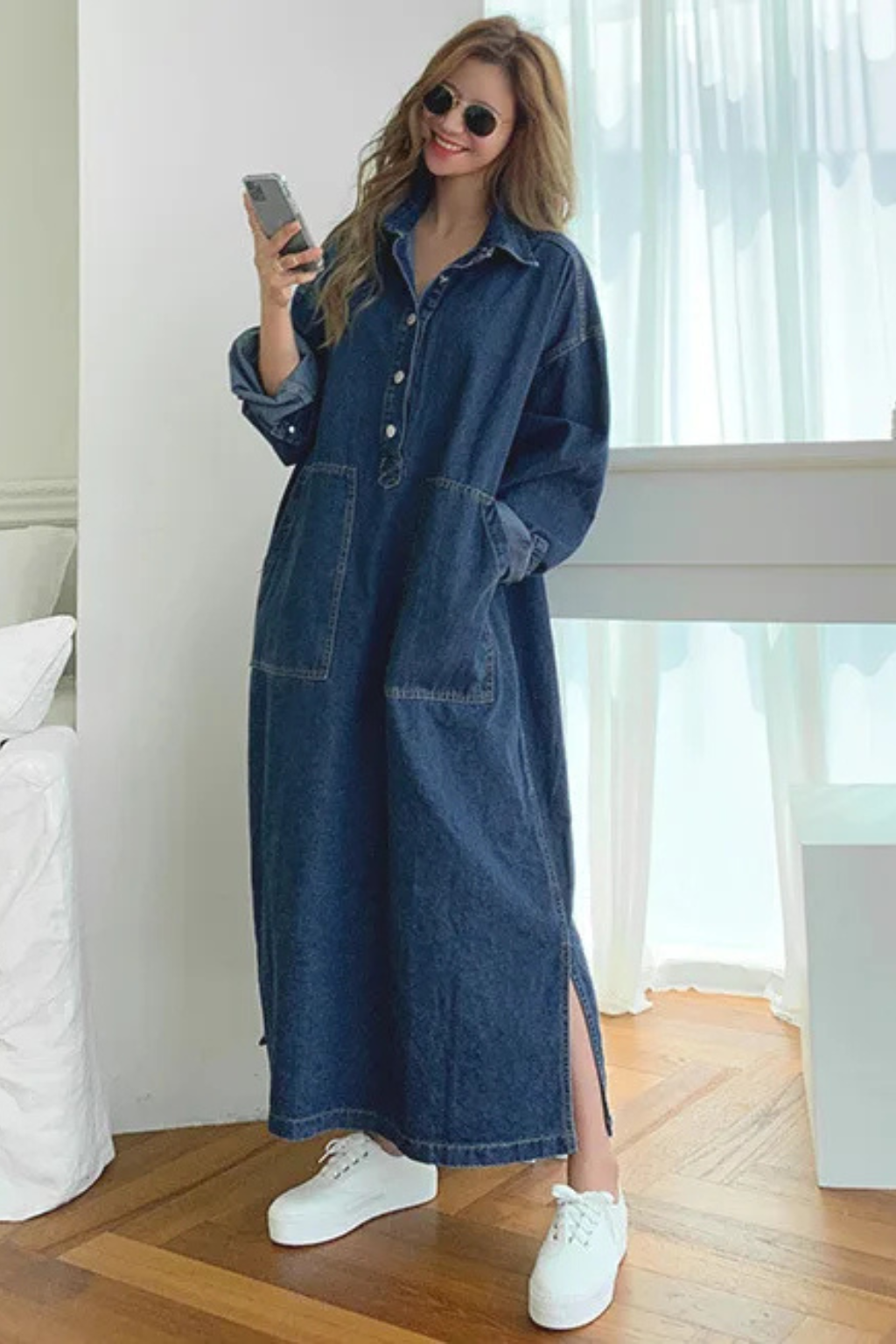 Robe en jean longue oversize col chemise manches longues