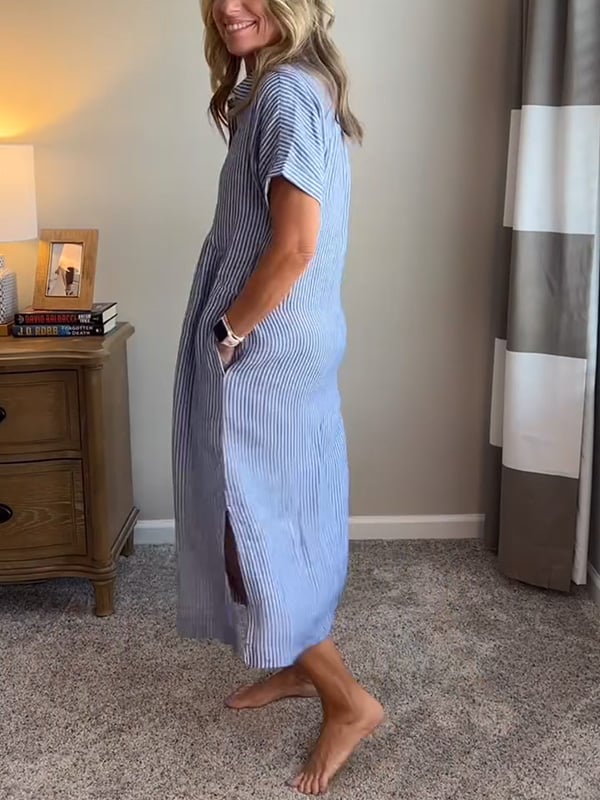 Robe chemise femme rayée midi manches courtes boutonnée coupe ample avec poches