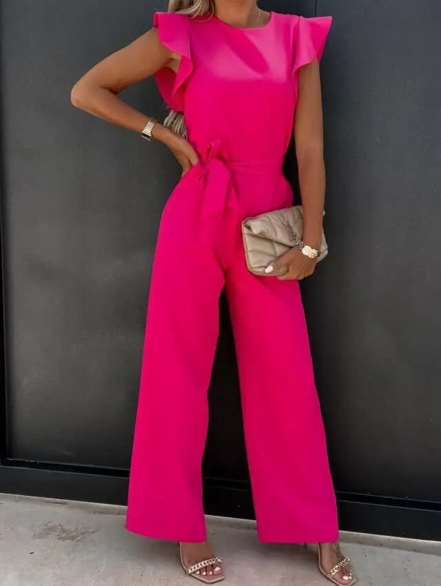 Combinaison pantalon femme invitée mariage à jambes larges avec ceinture nouée