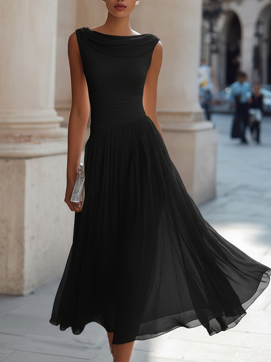 Robe midi col drapé plissée sans manches cérémonie