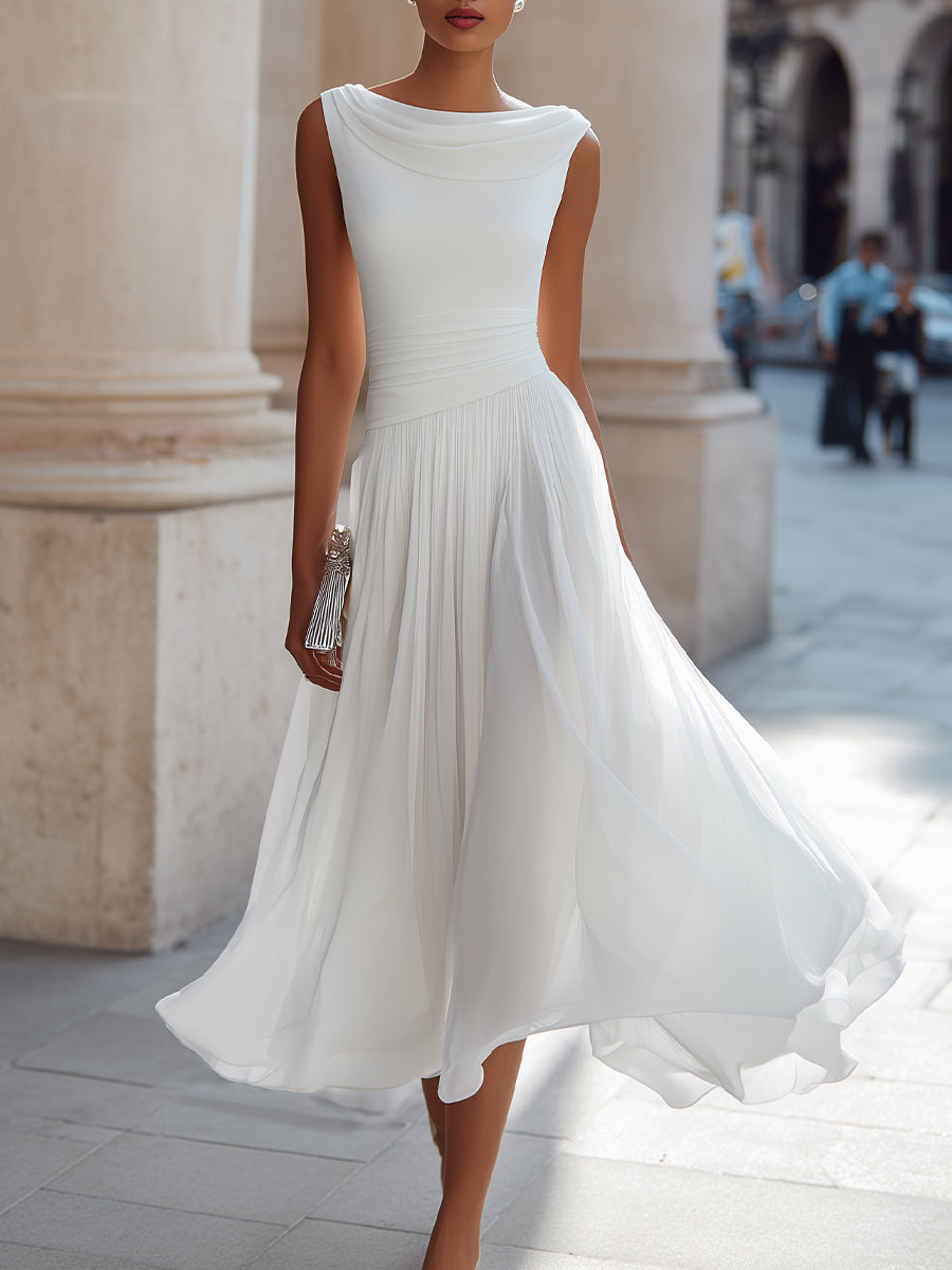 Robe midi col drapé plissée sans manches cérémonie