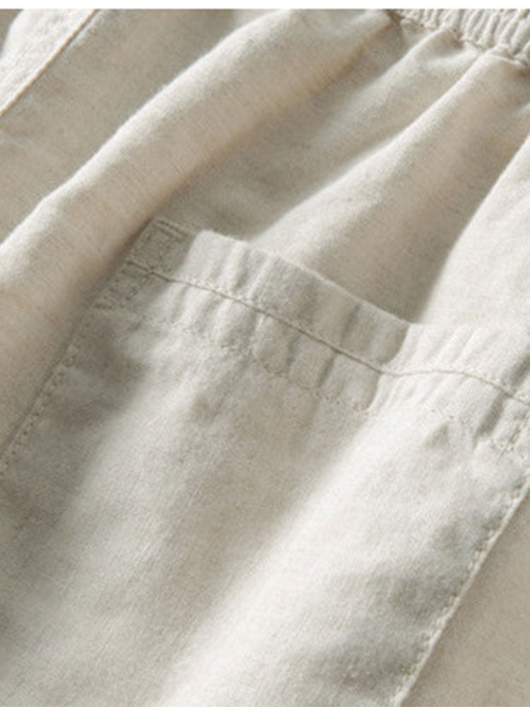 Ensemble homme lin été chemise manches courtes col mao pantalon à cordon
