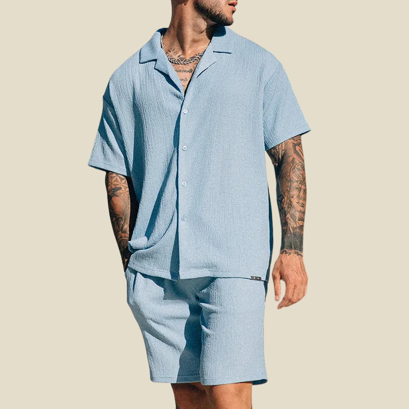 Ensemble chemise short homme été manches courtes col camp coupe décontractée
