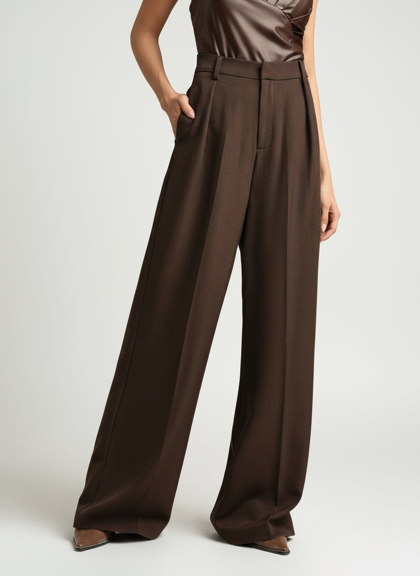 Pantalon large femme taille haute plis avant coupe fluide palazzo