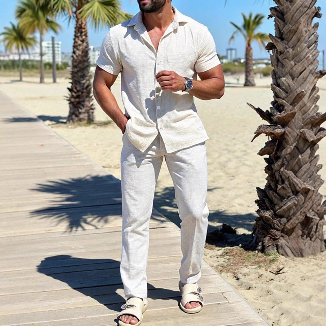 Ensemble homme chemise manches courtes et pantalon droit style été décontracté