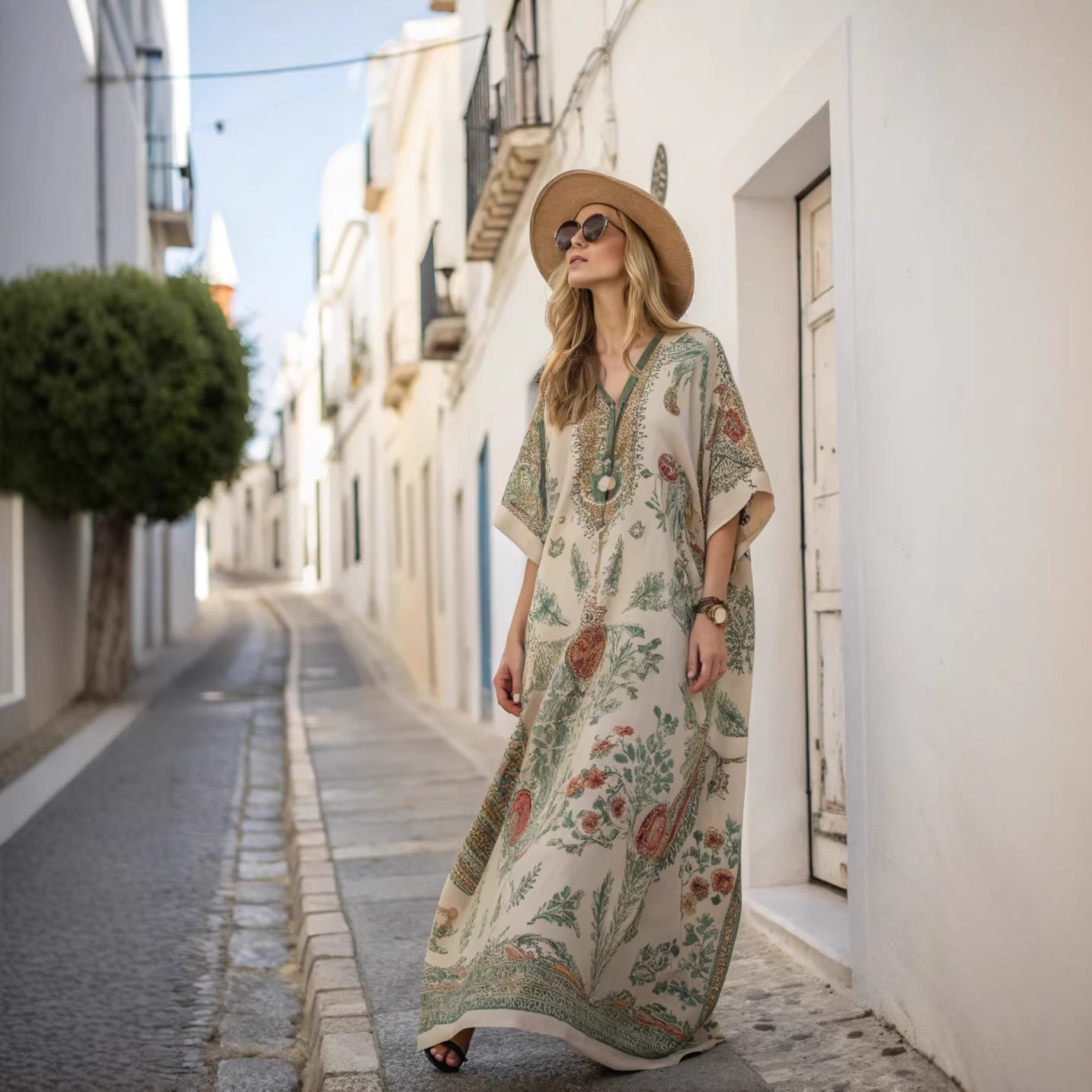 Robe kimono femme longue col V manches larges imprimé rayé coupe ample