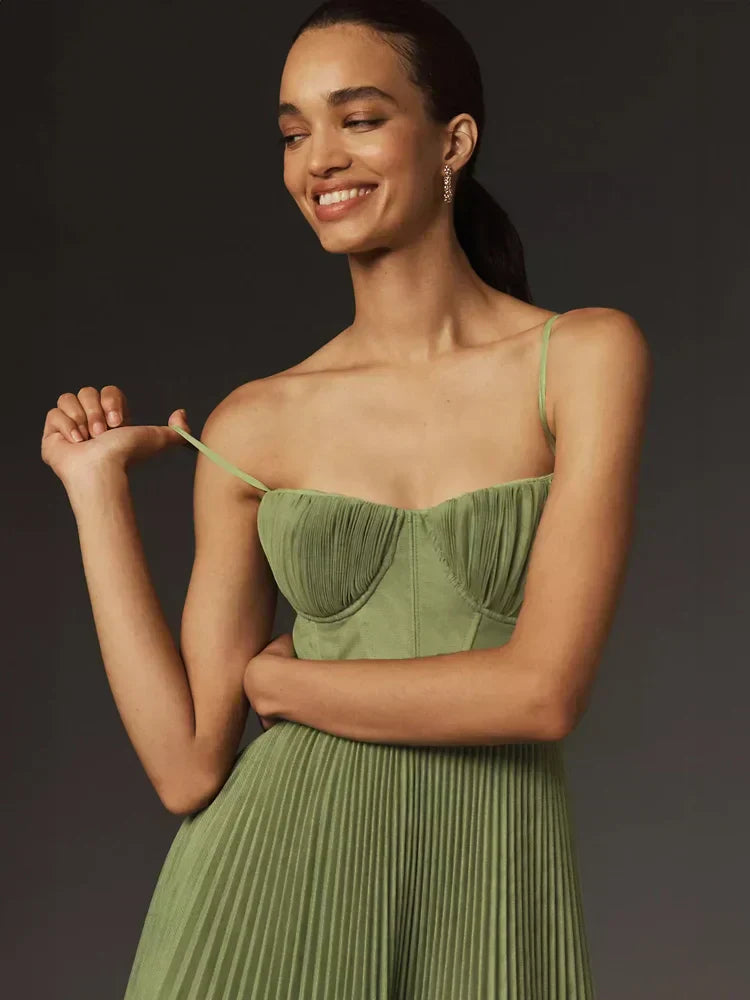 Robe midi femme bustier tulle plissé à bretelles robe été