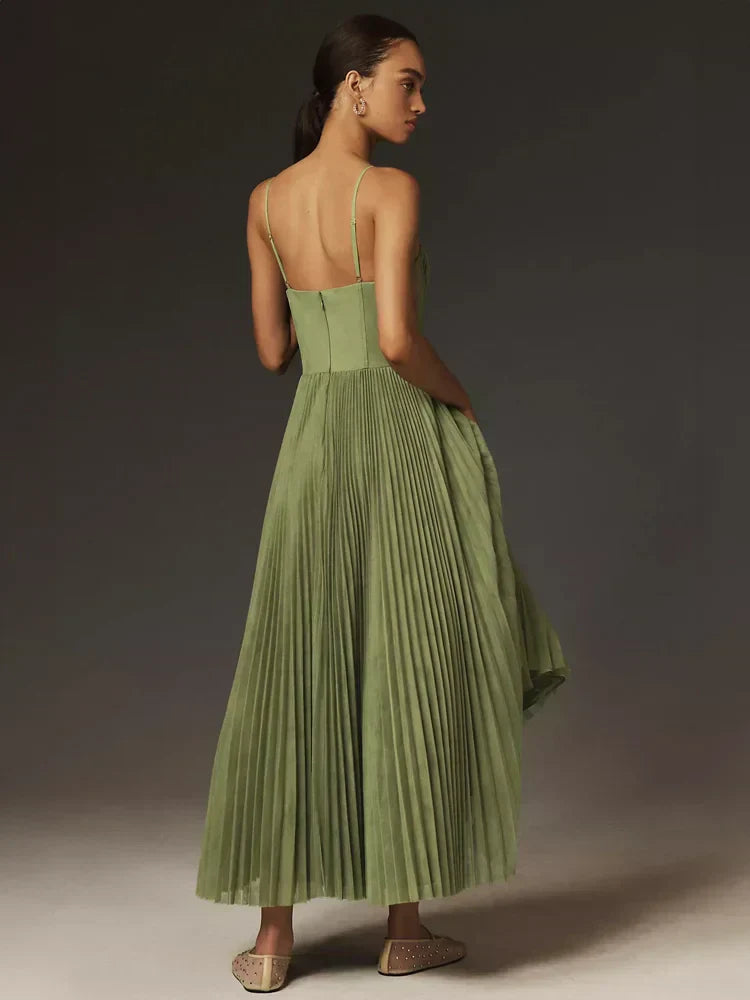 Robe midi femme bustier tulle plissé à bretelles robe été