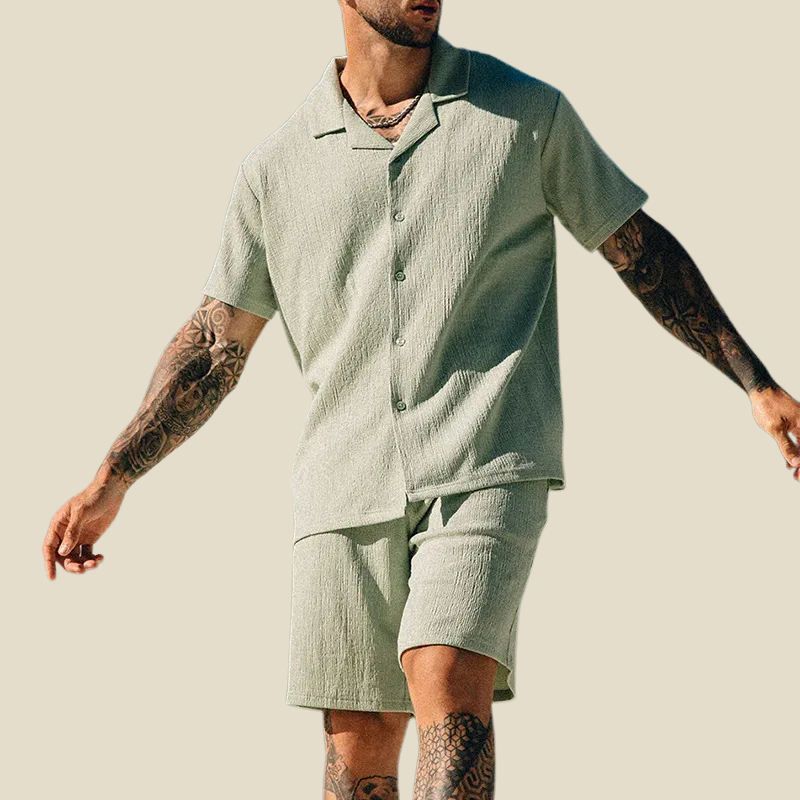 Ensemble chemise short homme été manches courtes col camp coupe décontractée