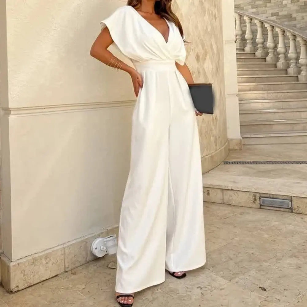 Combinaison pantalon femme col cache-cœur à jambes larges avec manches volantées