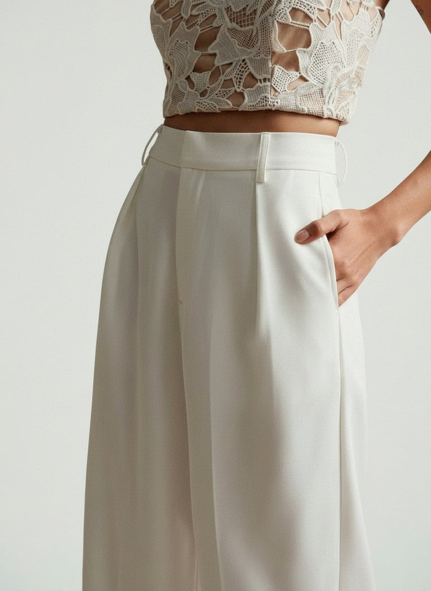 Pantalon large femme taille haute plis avant coupe fluide palazzo