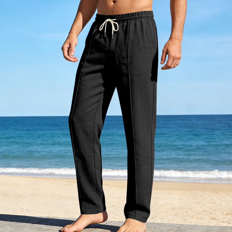 Pantalon homme lin taille élastique cordon de serrage coupe droite