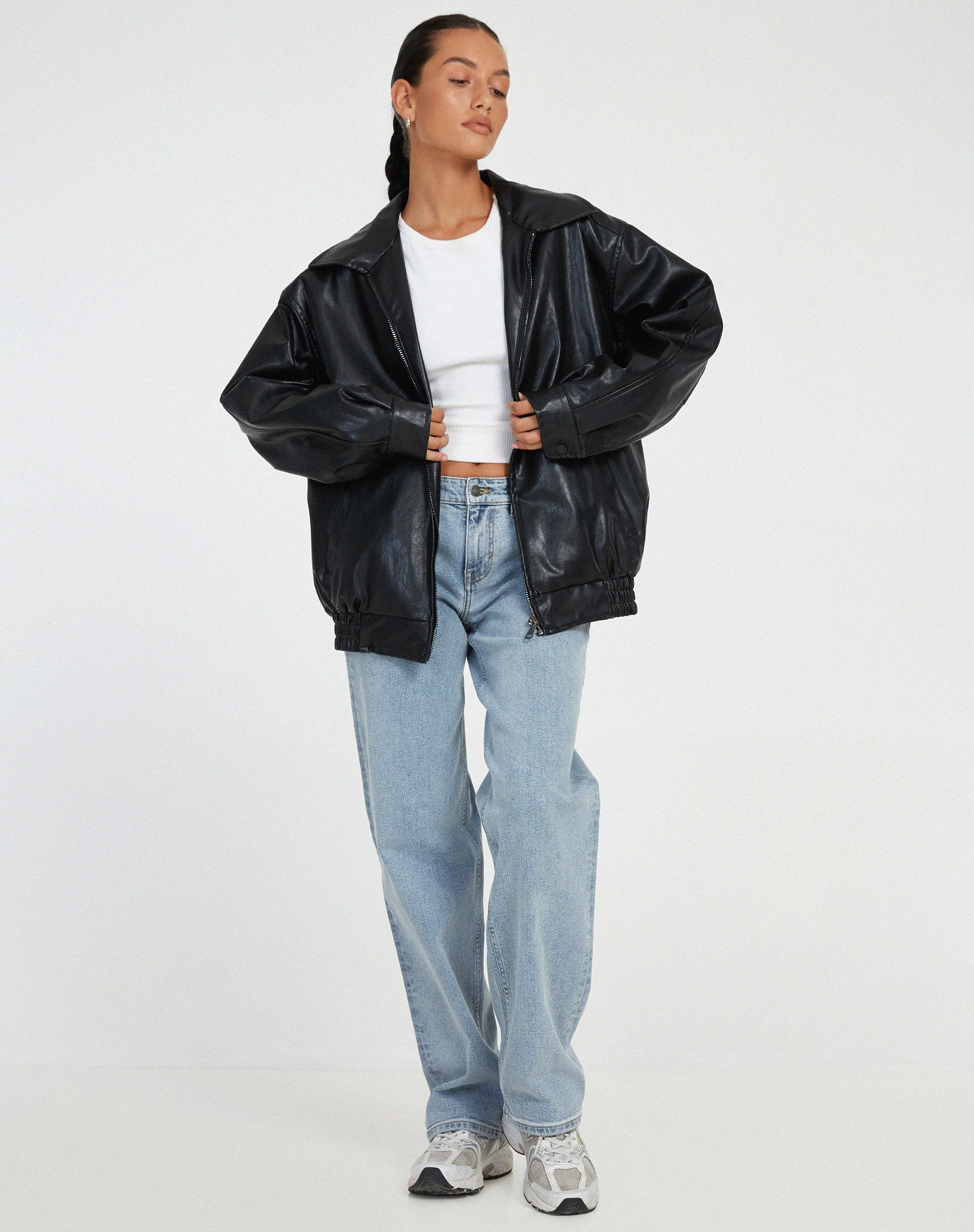 Veste bomber femme simili cuir oversize zip manches longues col large casual