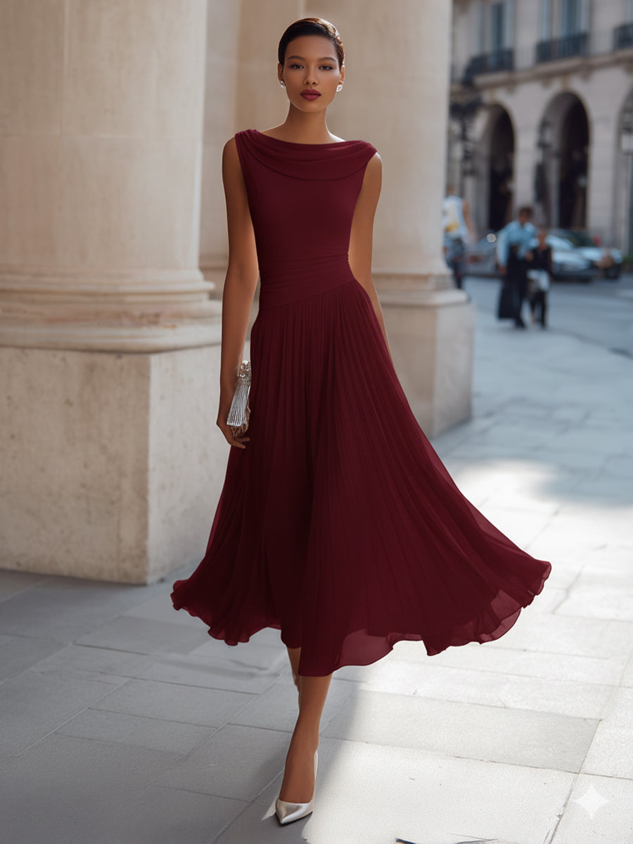 Robe midi col drapé plissée sans manches cérémonie