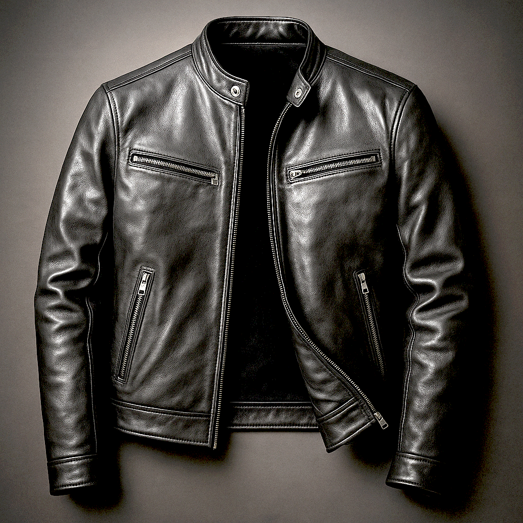 Veste homme style motard en cuir avec col montant et fermeture zippée