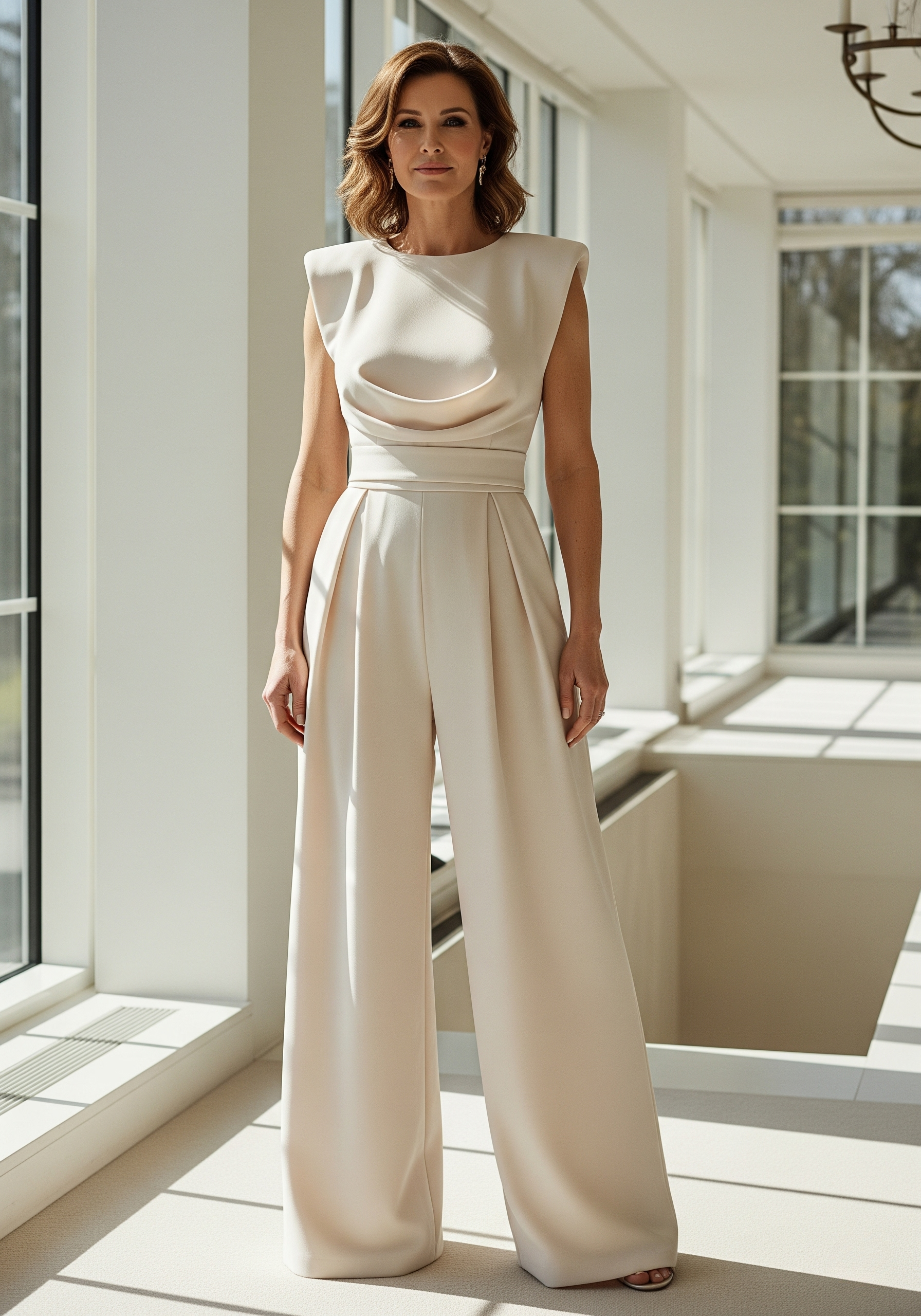Combinaison femme sans manches pantalon large taille haute drapée coupe fluide cérémonie