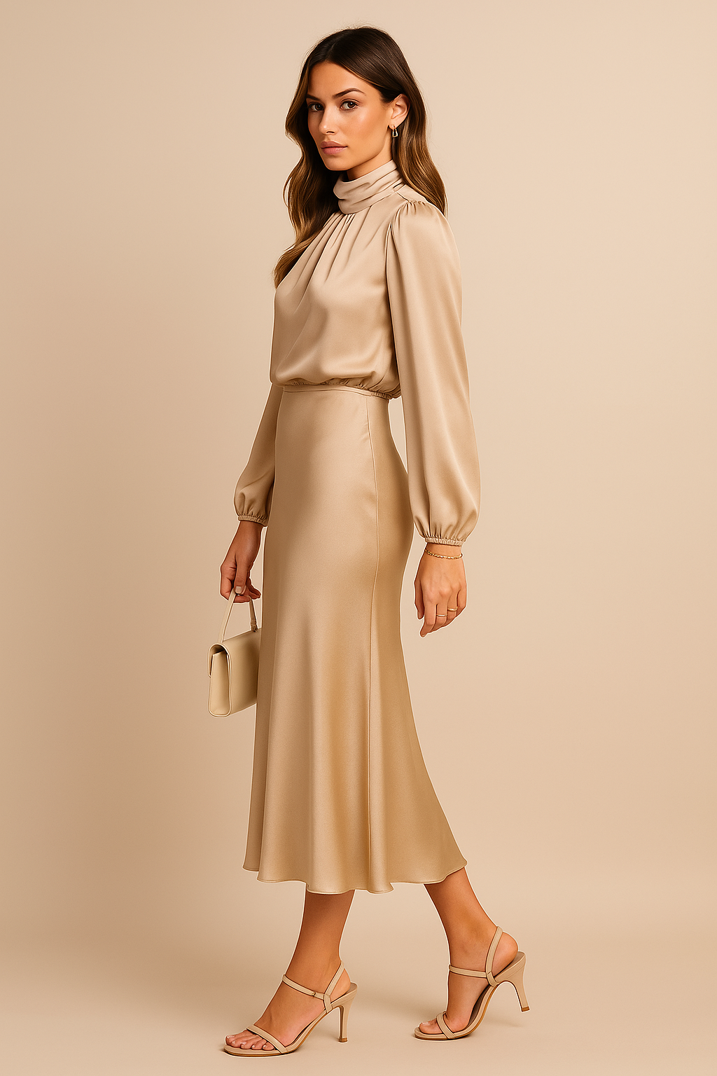 Robe midi femme satinée col montant manches longues coupe fluide élégante