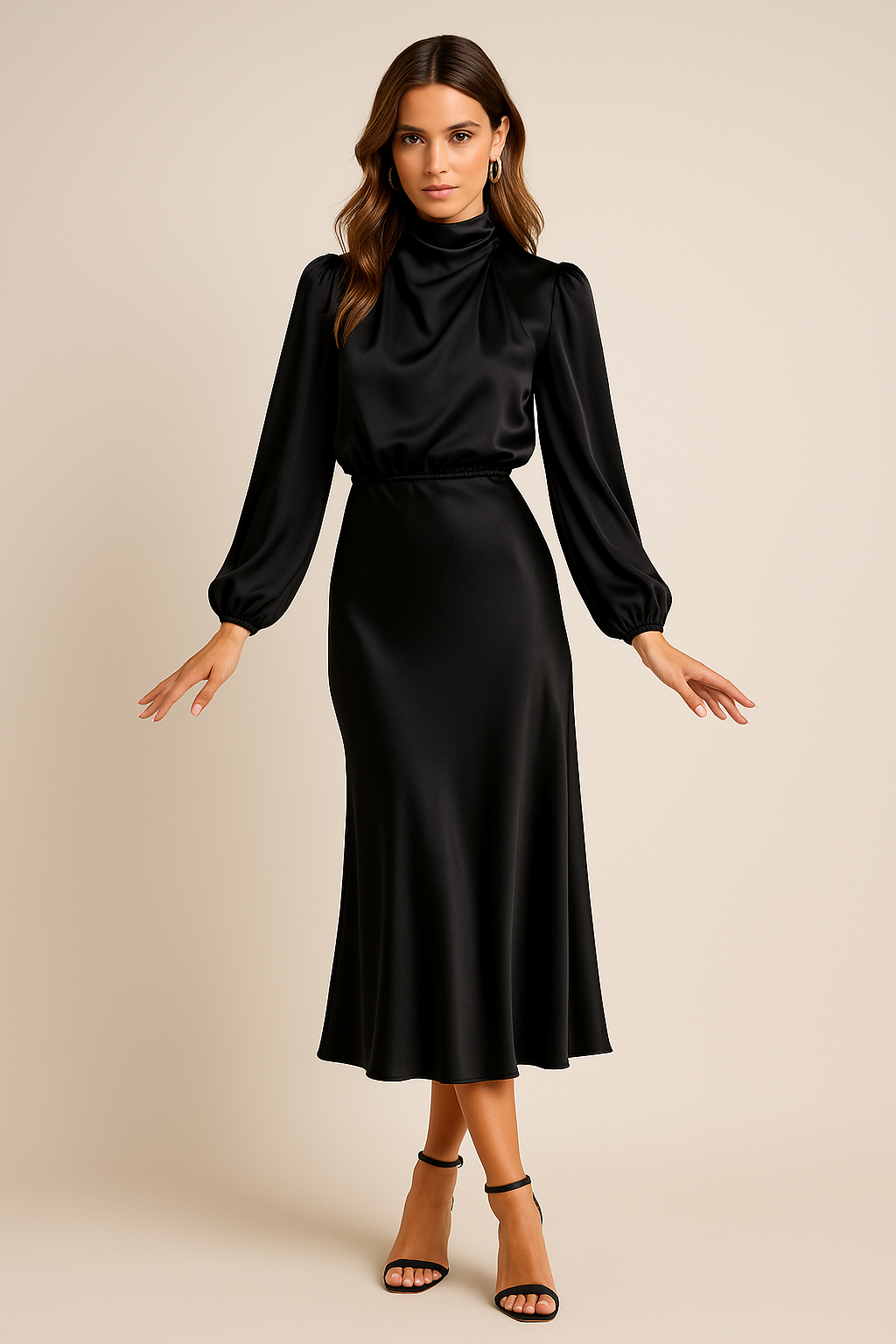 Robe midi femme satinée col montant manches longues coupe fluide élégante