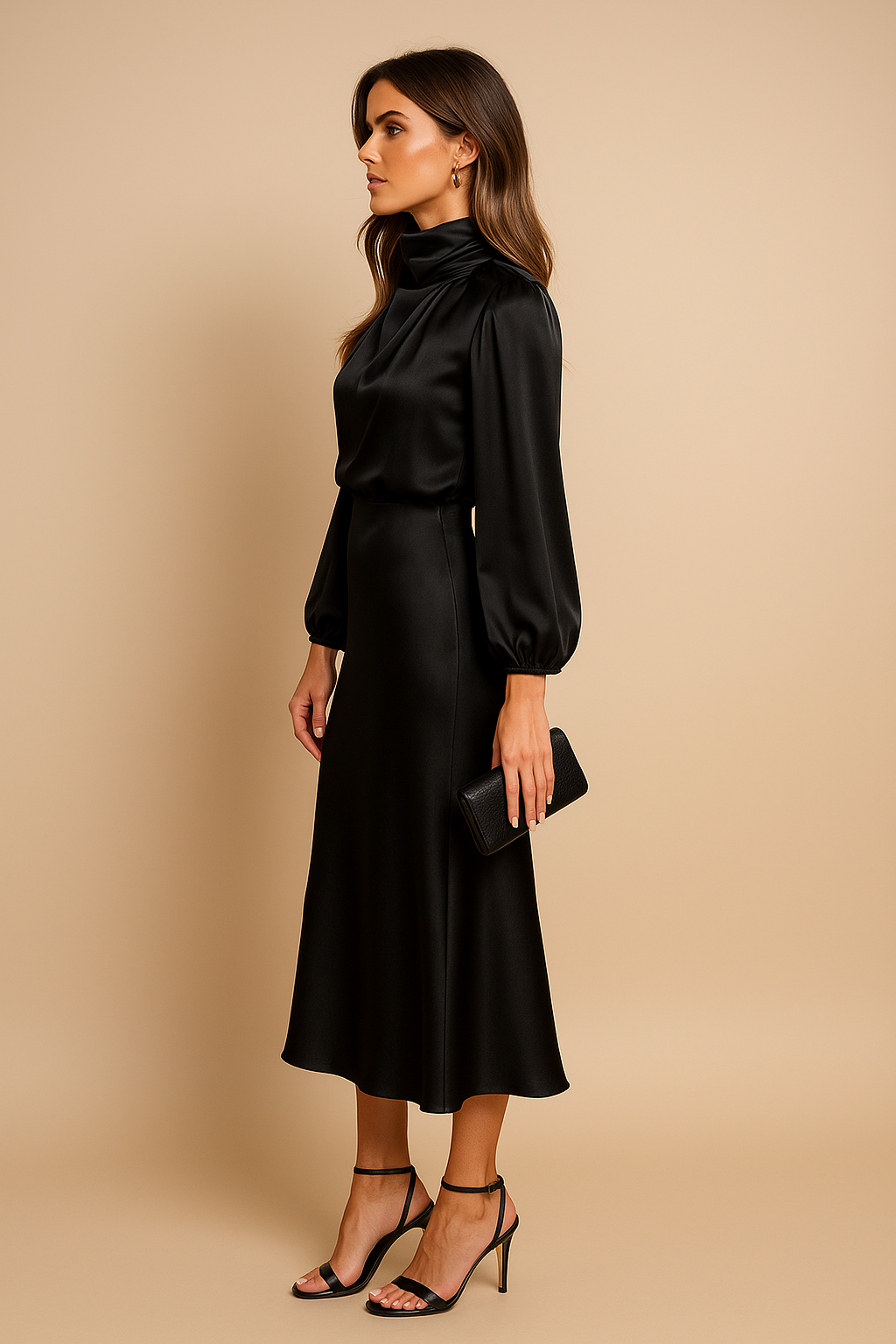 Robe midi femme satinée col montant manches longues coupe fluide élégante