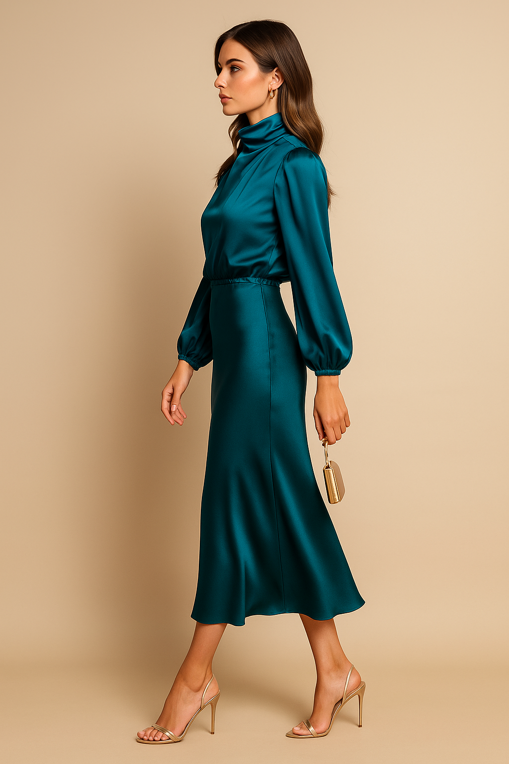 Robe midi femme satinée col montant manches longues coupe fluide élégante