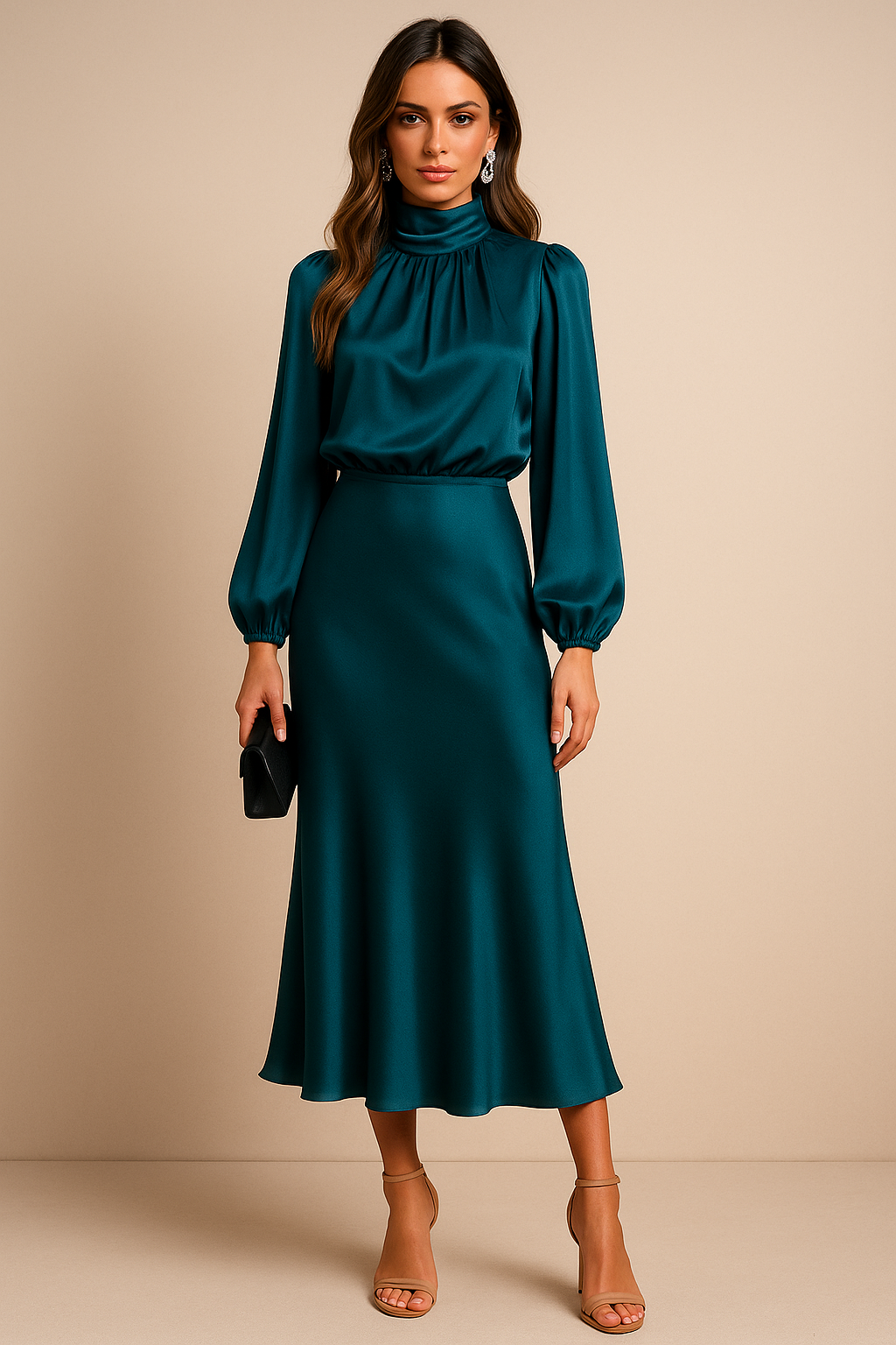 Robe midi femme satinée col montant manches longues coupe fluide élégante