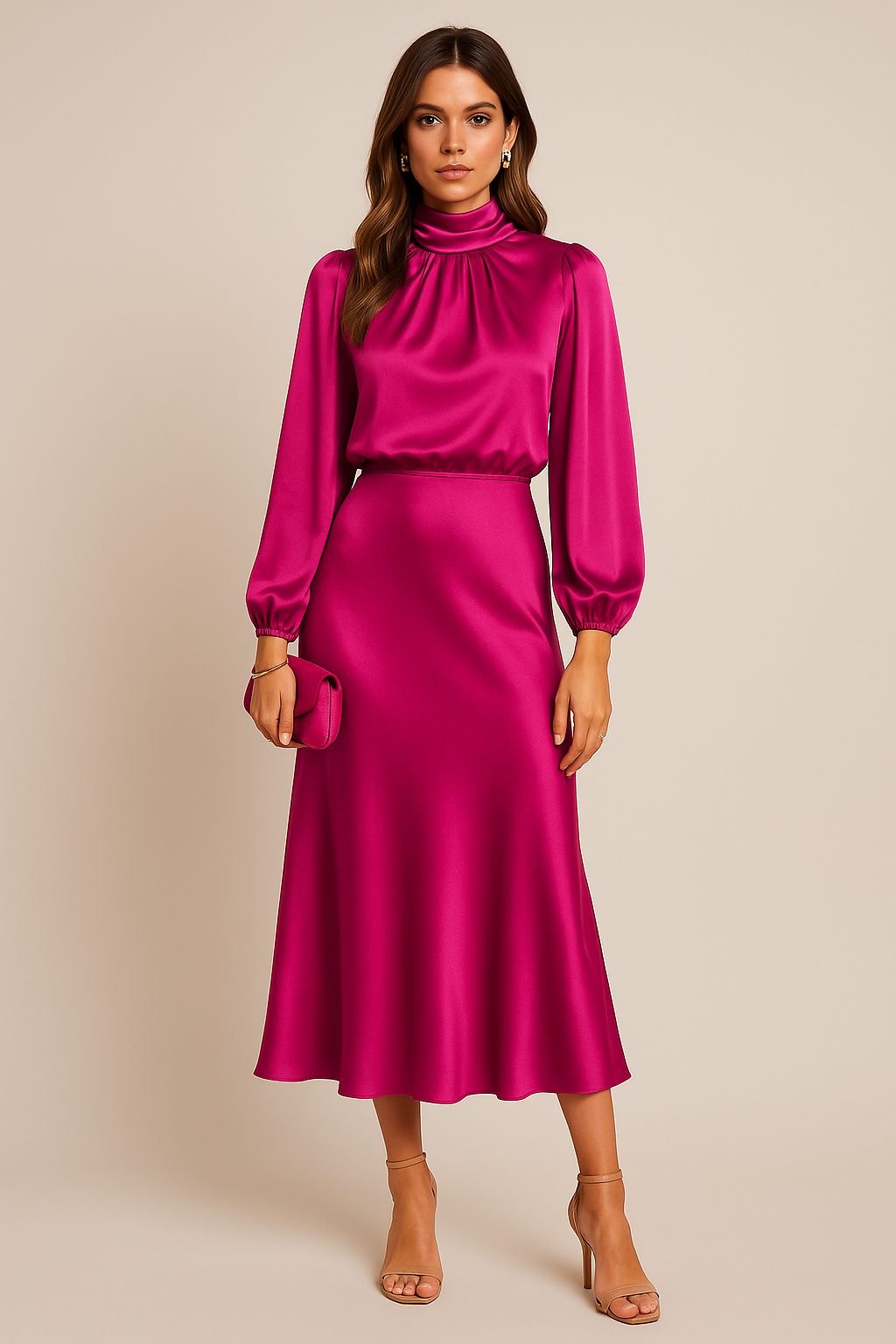 Robe midi femme satinée col montant manches longues coupe fluide élégante